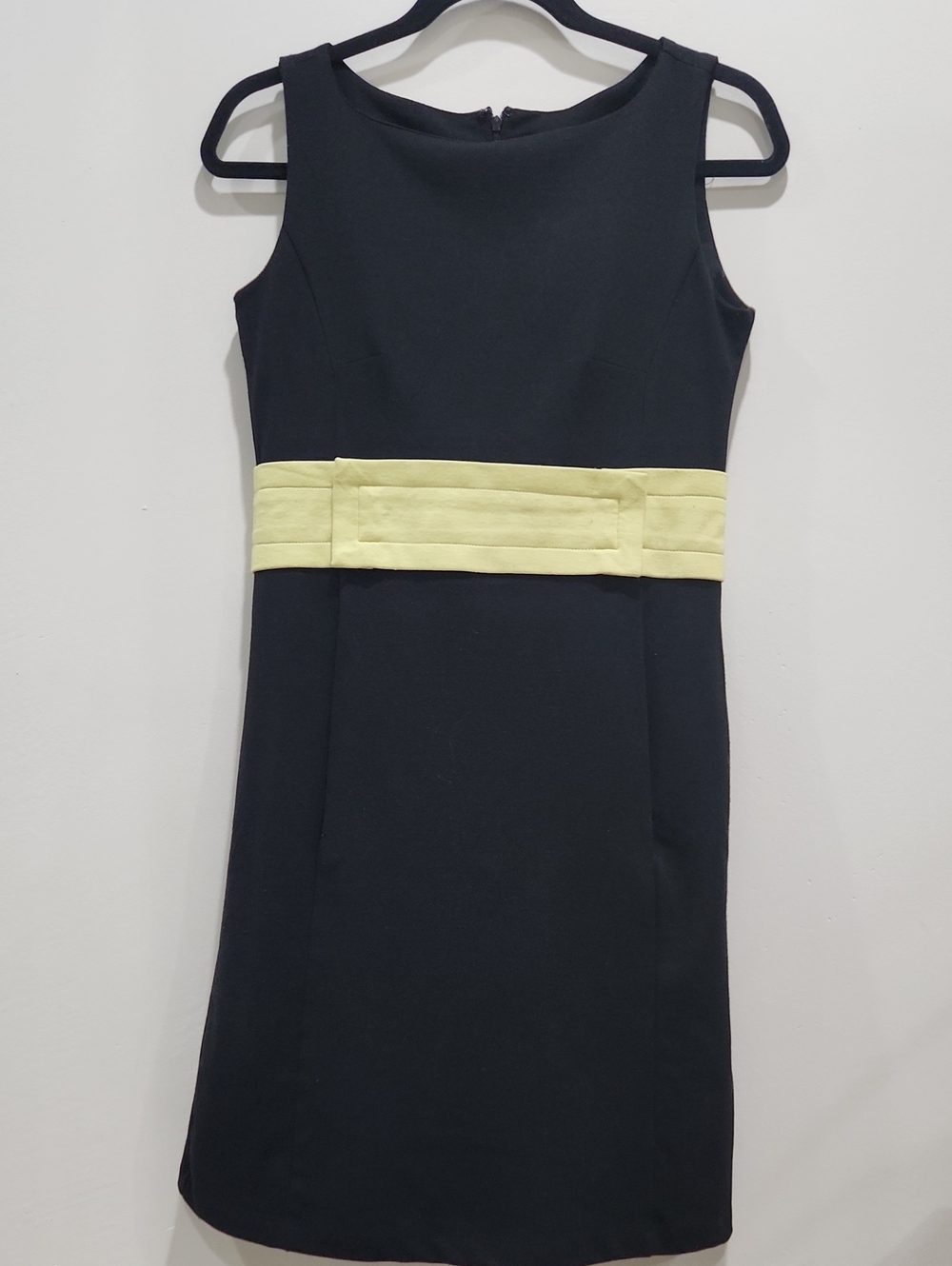 Classic Black Midi Dress Boat- Neckline with Lemon Waistband Size 6
